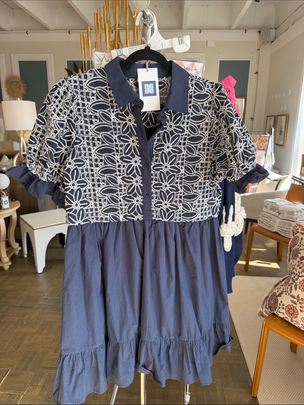 JODIFL Navy and White Cotton Lace-Overlay Tiered Dress